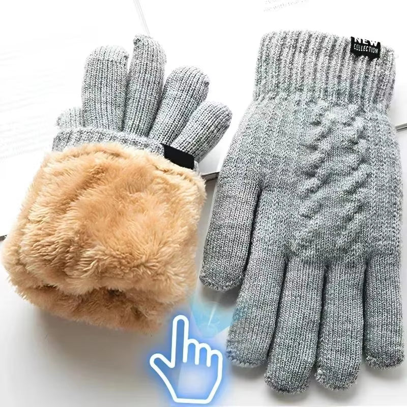 New Men'S Warm Full Finger Gloves Winter Touchscreen plus Fleece Gloves Woman Thickening Wool Knitted Cycling Driving Gloves