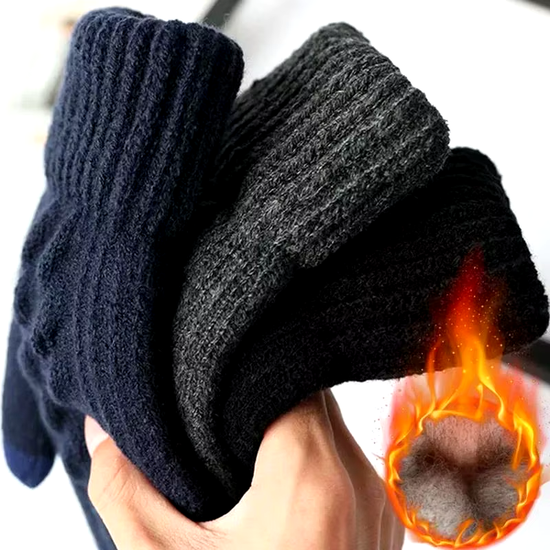 New Men'S Warm Full Finger Gloves Winter Touchscreen plus Fleece Gloves Woman Thickening Wool Knitted Cycling Driving Gloves